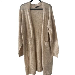 Long cozy knit cardigan sweater tan with pockets